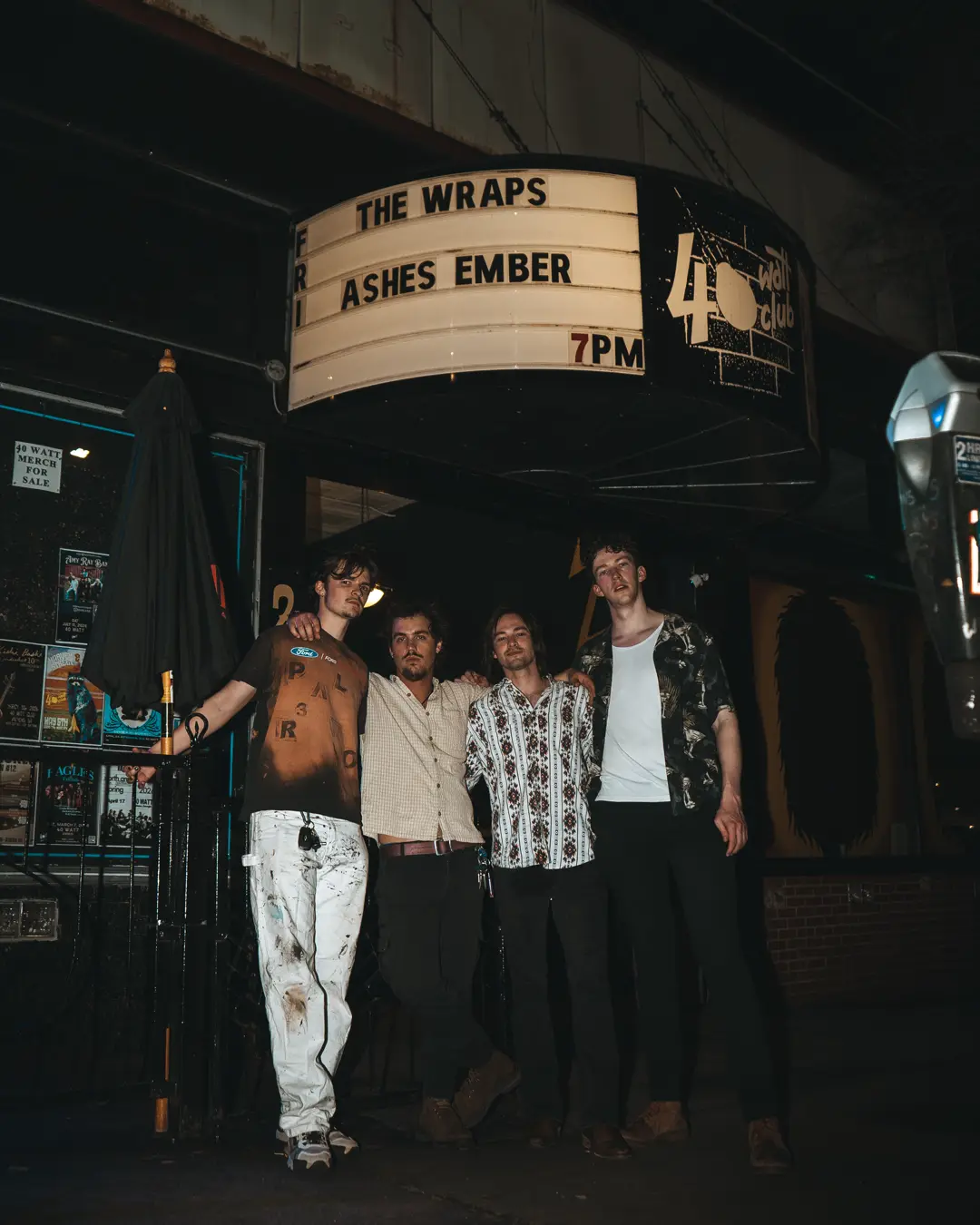 The four of them under the 40 Watt Club marquee in Athens, ASHES on the bill.